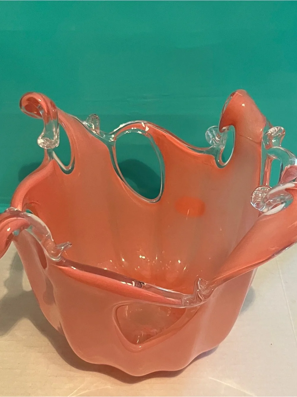Murano Coral Pink Italian Art Glass Splash Wave Bowl
